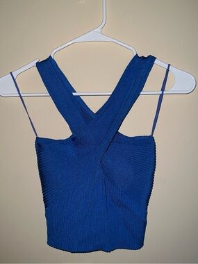 Blue Ribbed Cross-Front Crop Top